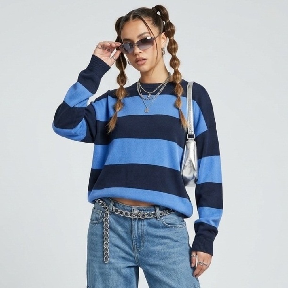 Edikted Striped Sweater Womens M/L Blue Navy Oversized Knit Crewneck Grunge Y2K